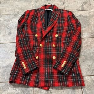 ZARA Red Tweed Plaid Blazer Jacket Size XS made in Morocco